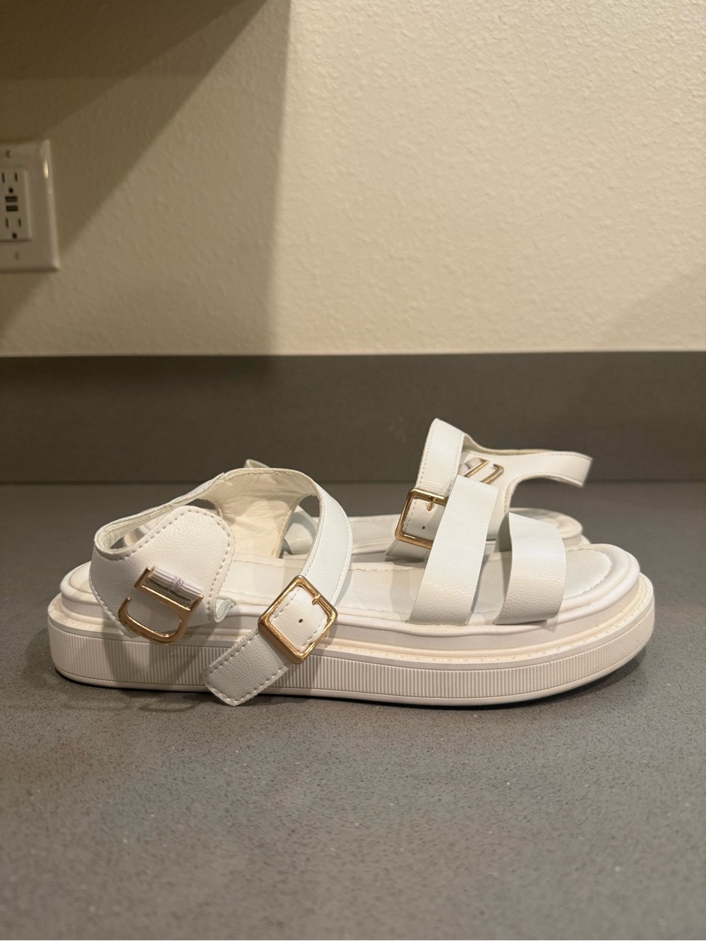Women’s White Platform Sandals with Gold Buckles - Size 8.5